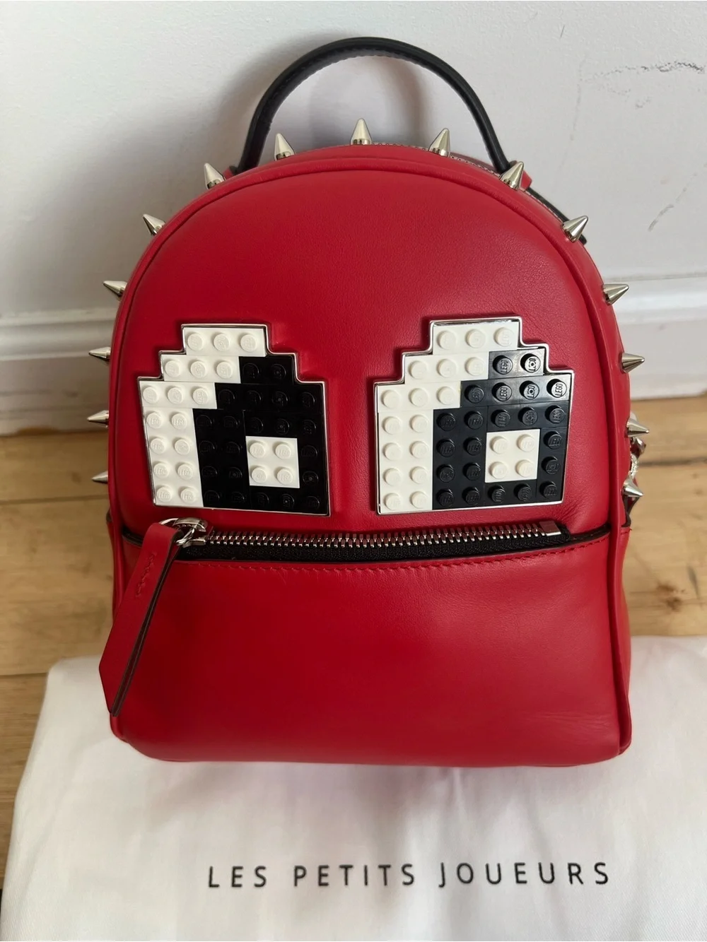 NWT Les Petits Joueurs Micro Mick Pixel Eyes Red Leather Backpack With Spikes
